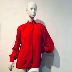 Vintage 80s Cherry Red Anne Klein Sexy Secretary High Neck Blouse sz M